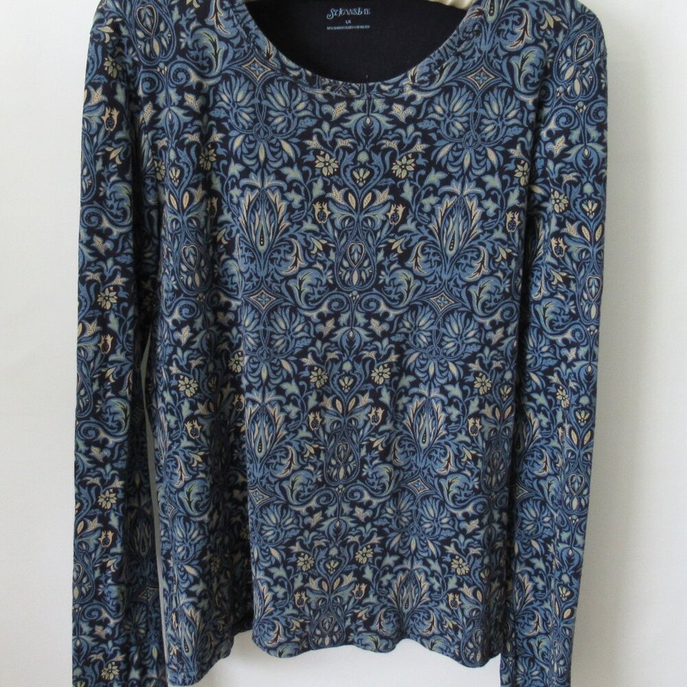 St. John's Bay blue black floral scoop neck long sleeve tee *Sz L*
